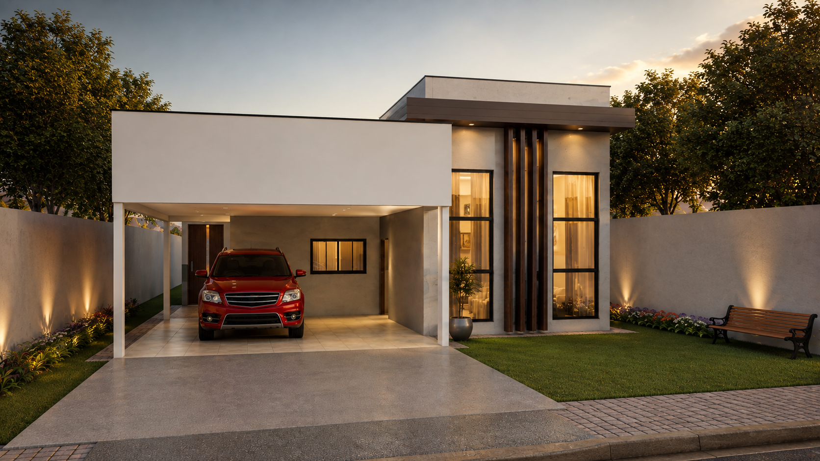 Planta de casa Planta De Casa Térrea Com 2 Quartos Sendo 1 Suíte (Espelho) — 2 quartos, 1 suíte, 2 banheiros, 2 vagas de garagem, 160.85 m² de área construída, terreno 15x30
